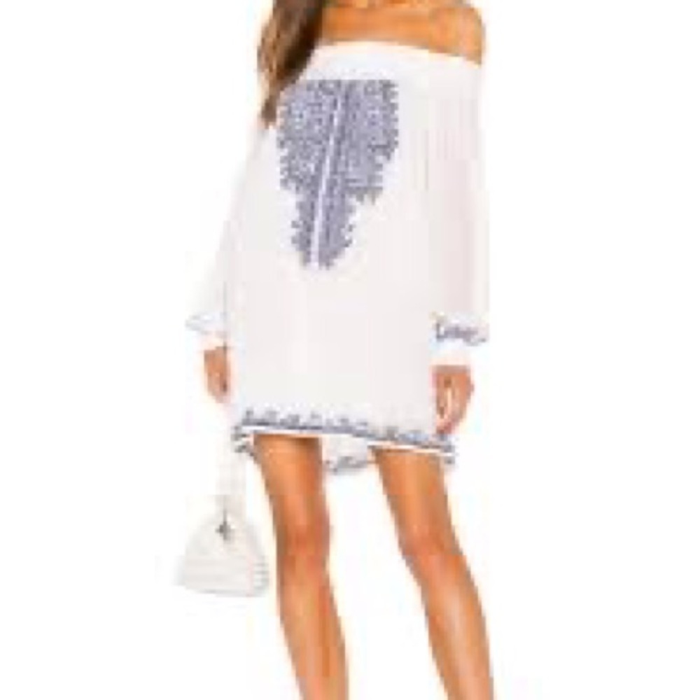 338- REVOLVE Tularosa NWOT White & Blue Off Shoulder Top or Short Dress. Size S.